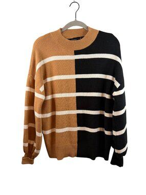 Zesica Womens Colorblock Striped Knit Sweater L Black & Camel Viscone Blend